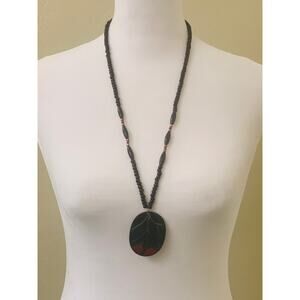 Black and Red Beaded Necklace with Oval Leaf Vein Pendant, 26" Long